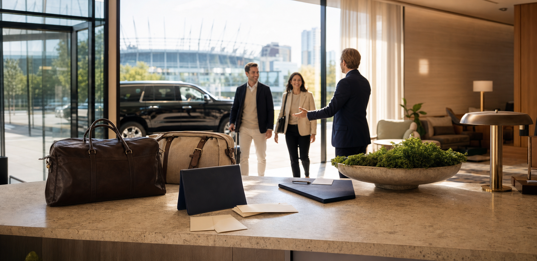 Premium event-travel welcome in a stadium-adjacent hotel