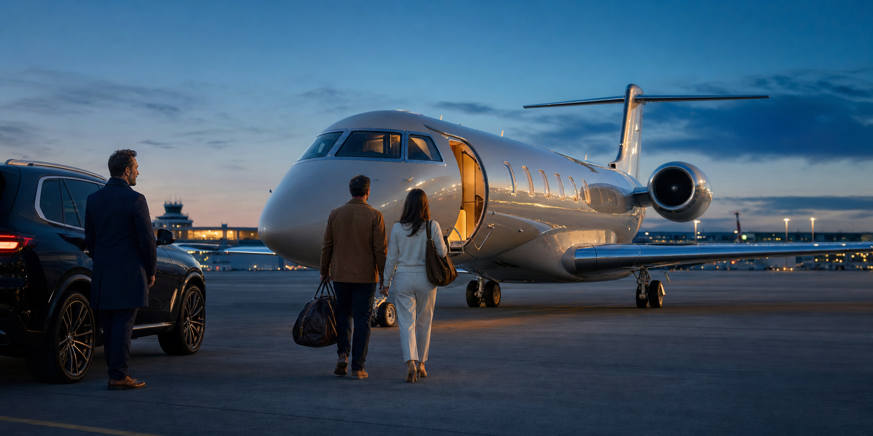 Guests arriving by private aircraft at blue hour