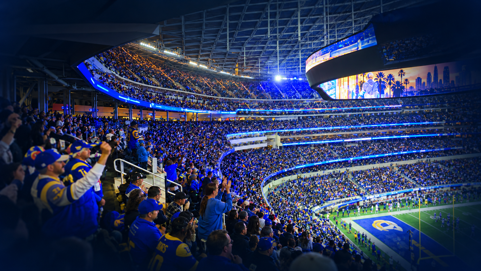 SoFi Stadium crowd photograph edited with AI to match the approved Super Bowl presentation design