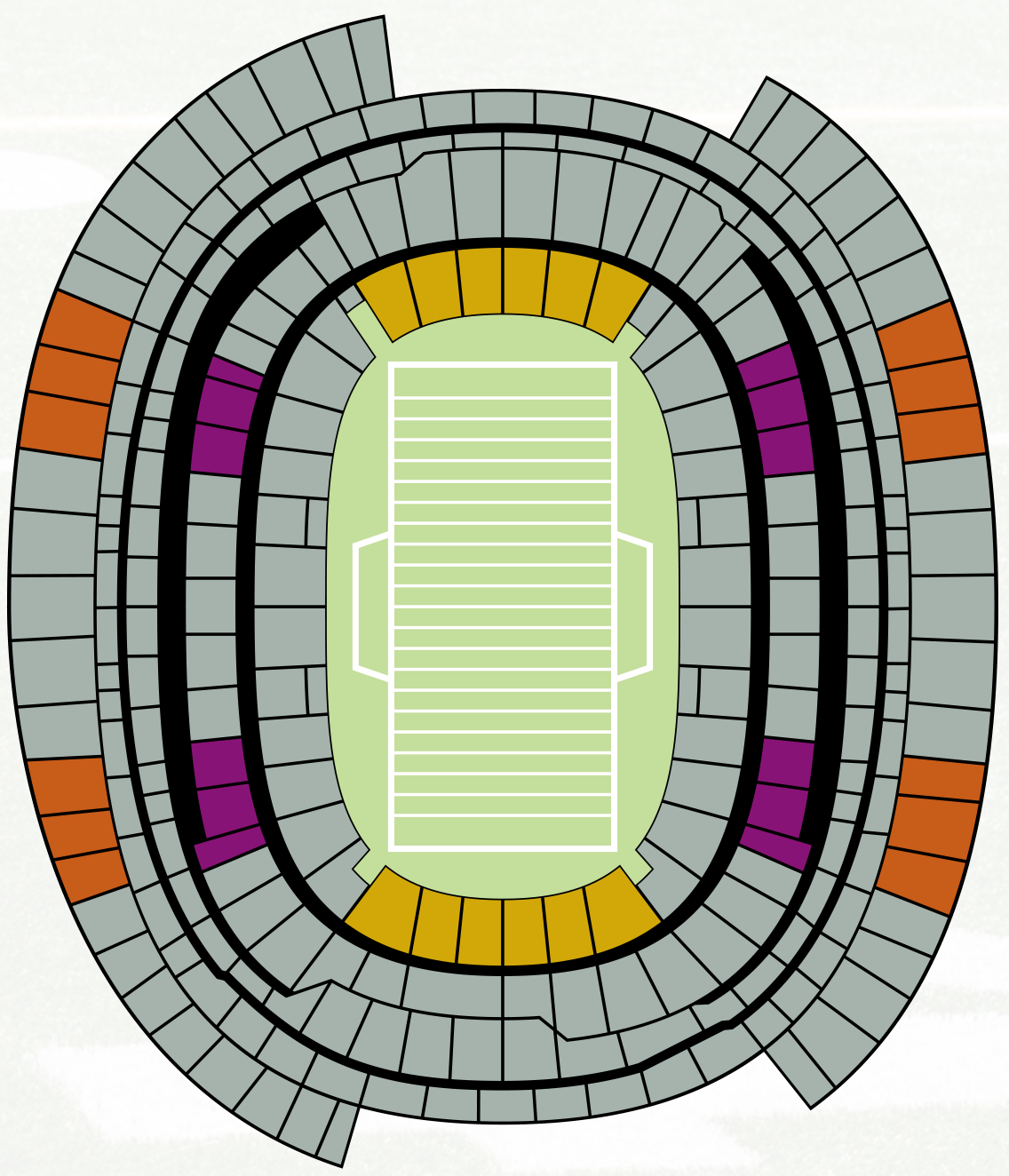 SoFi Stadium seating chart from the supplied Super Bowl PDF. Orange: Upper Level End Line-20. Gold: 100 Level End Zone. Purple: Lower Level, End Line-20.