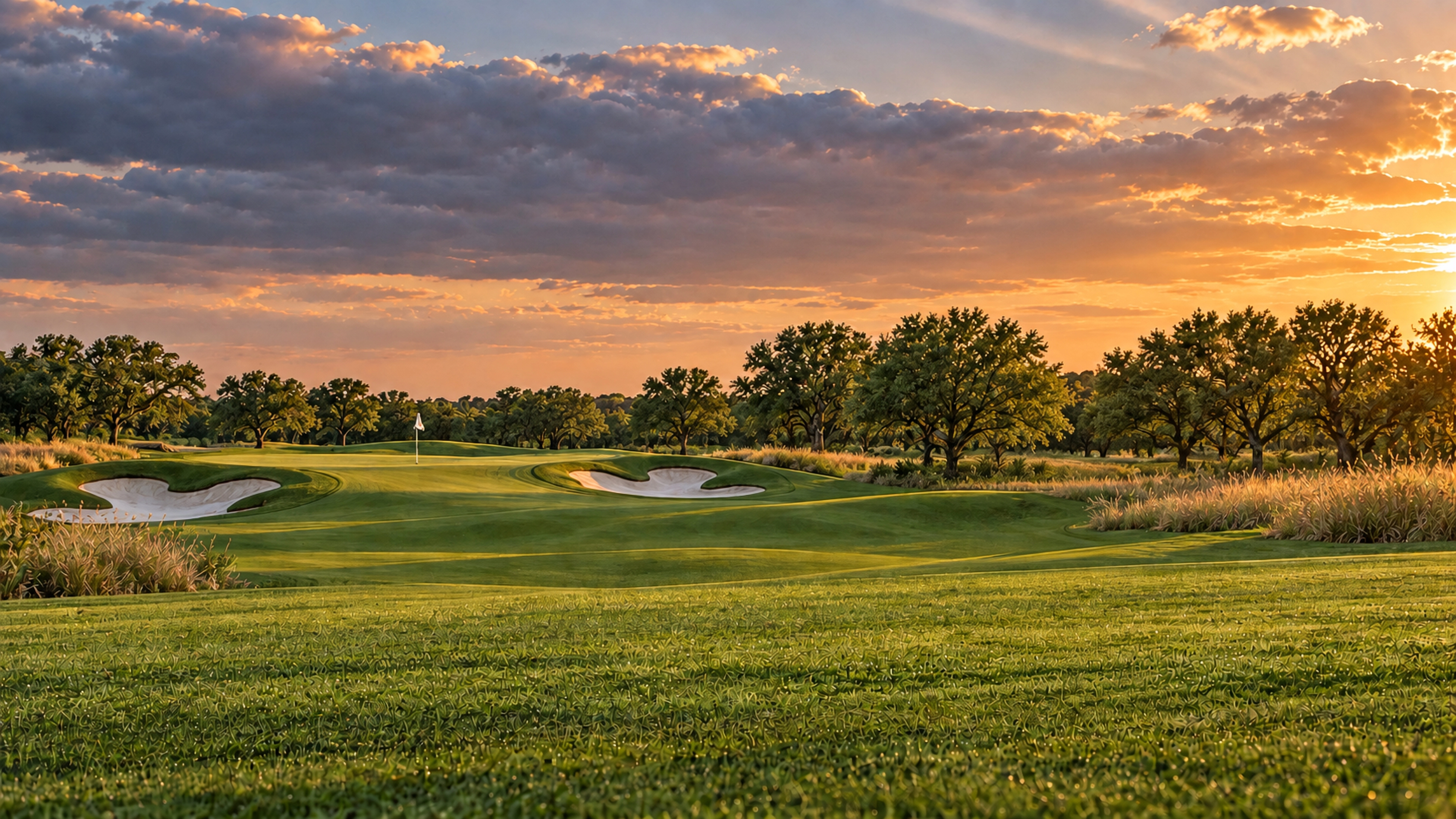 Championship golf course at sunset