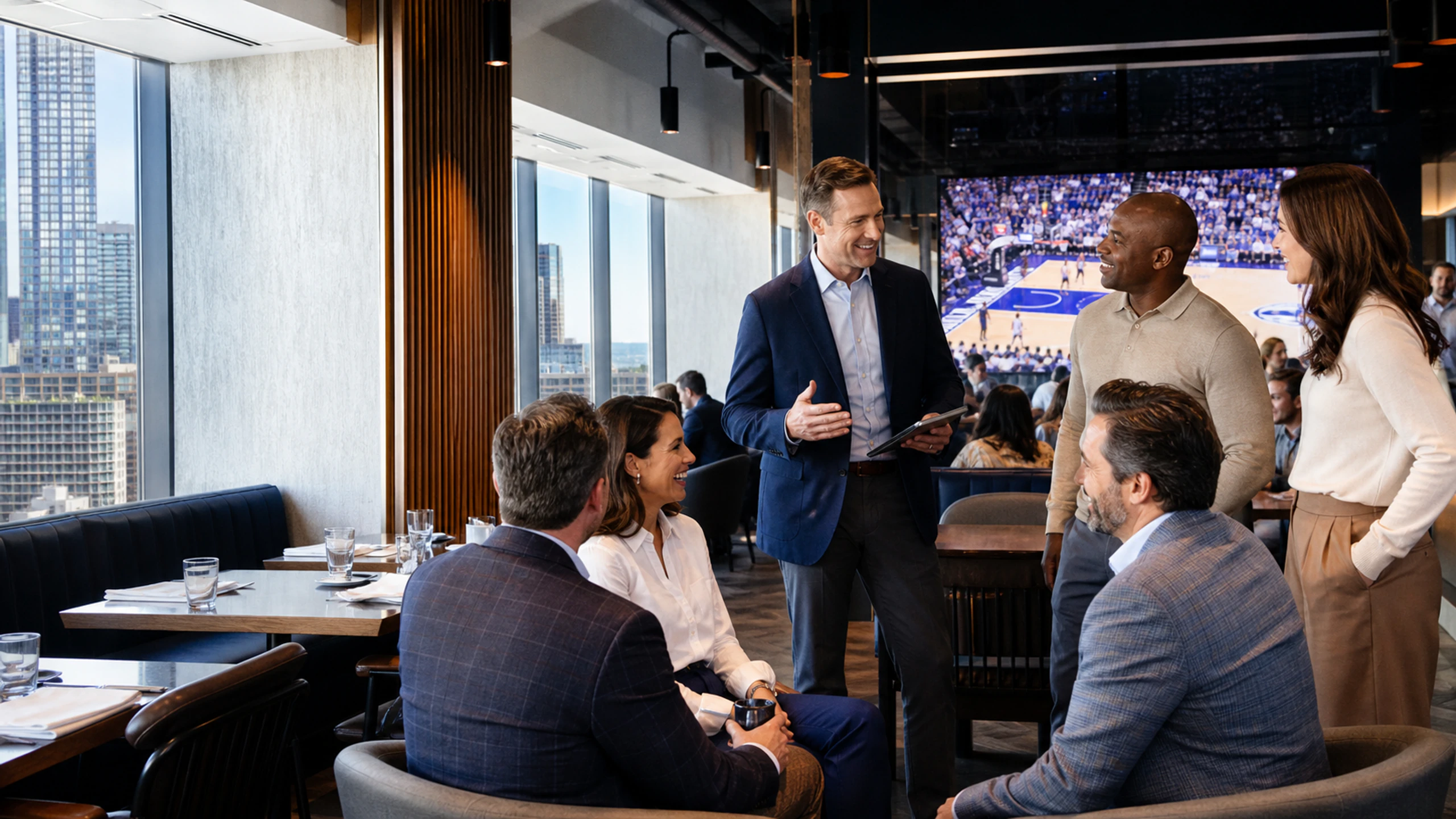 Smart business-casual guests and a host in a game-day hospitality lounge with collegiate basketball action
