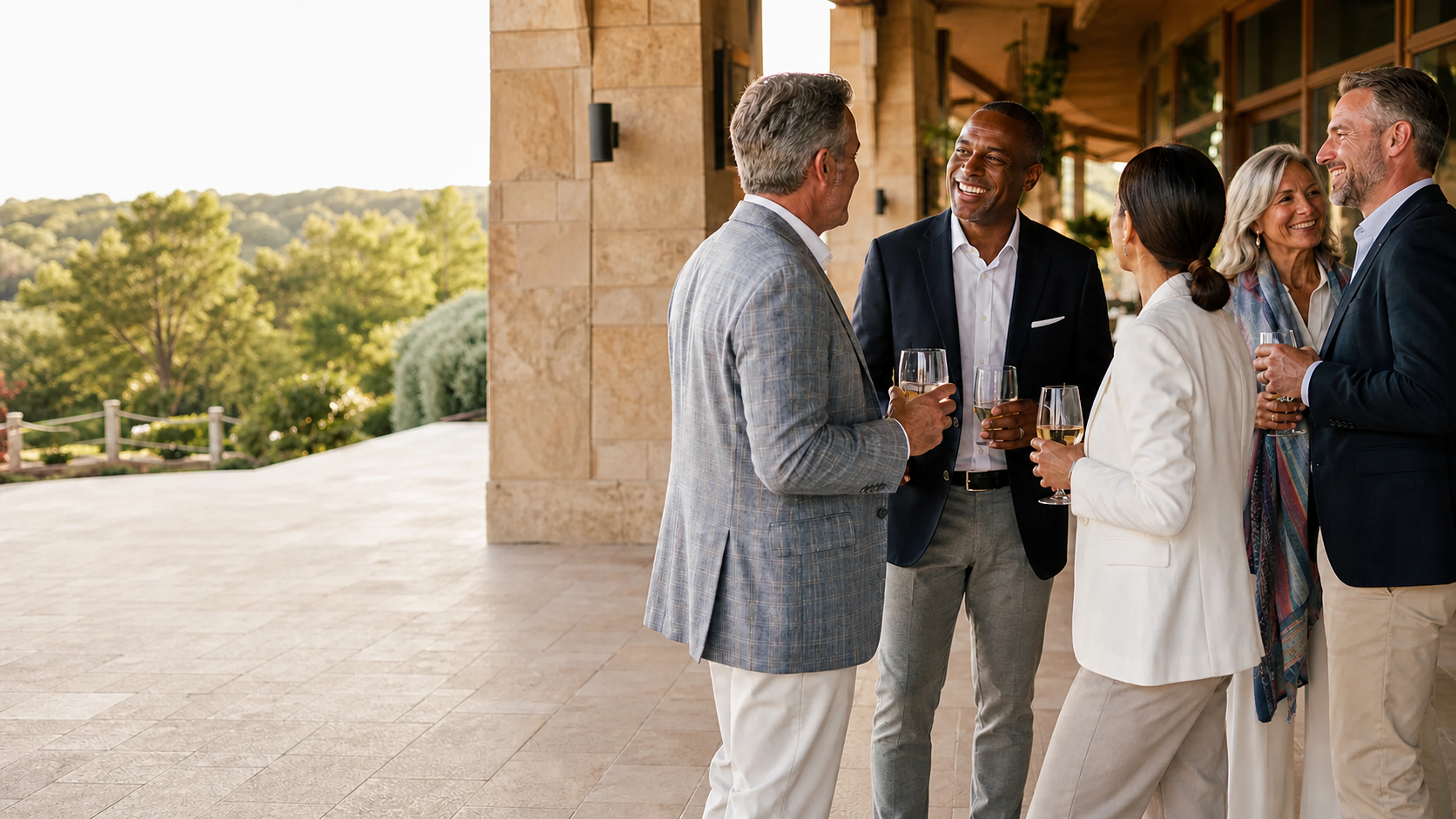 Business guests connecting at a bright golf-club reception