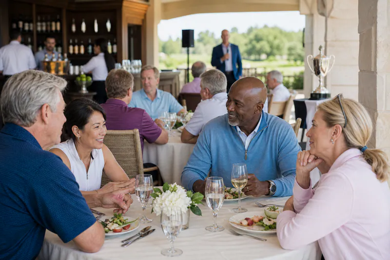 Guests reconnecting during a post-golf luncheon