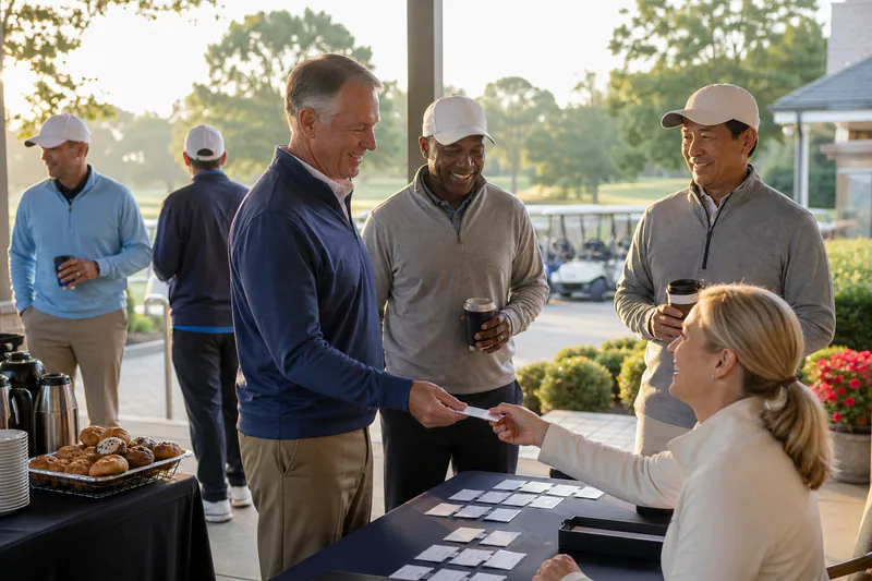 Guests checking in over breakfast before golf