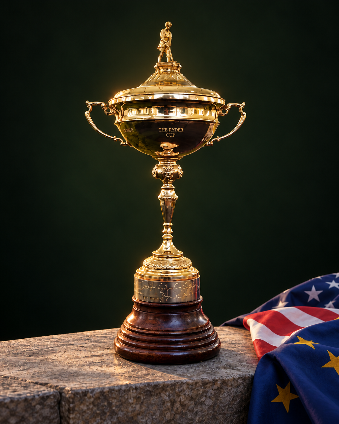 Illustrative Ryder Cup trophy and USA and Europe flags against a neutral studio backdrop