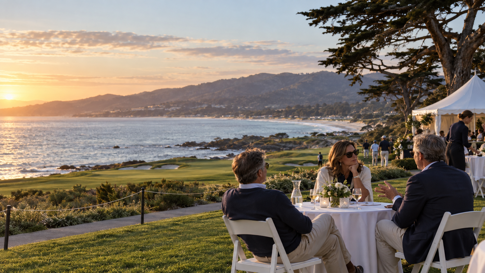 Illustrative AI concept of guests in conversation at a coastal golf hospitality gathering at sunset